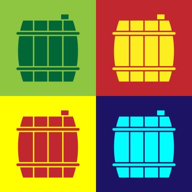 Renkli ahşap varil simgesi renk arkaplanında izole edildi. Alkol fıçısı, içki kabı, bira için tahta fıçı, viski, şarap. Vektör İllüstrasyonu