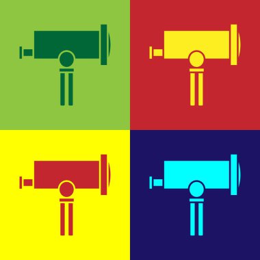 Renkli Teleskop simgesi renk arkaplanında izole edildi. Bilimsel bir alet. Eğitim ve astronomi elementi, dürbün ve çalışma yıldızları. Vektör İllüstrasyonu