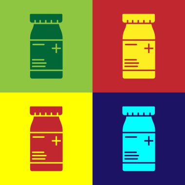 Renkli ilaç şişesi ve renkli arka planda izole edilmiş hap ikonu. Şişe hapı işareti. Eczane tasarımı. Vektör İllüstrasyonu