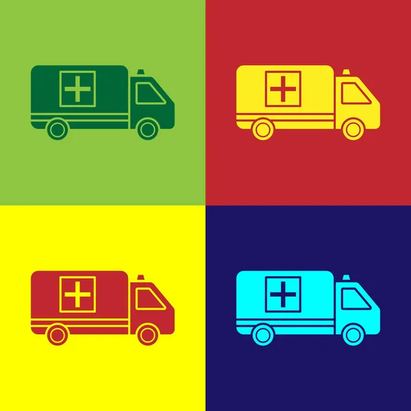 Farb-Krankenwagen und Notfall-Auto-Symbol isoliert auf farbigem Hintergrund. Rettungswagen medizinische Evakuierung. Vektorillustration — Stockvektor