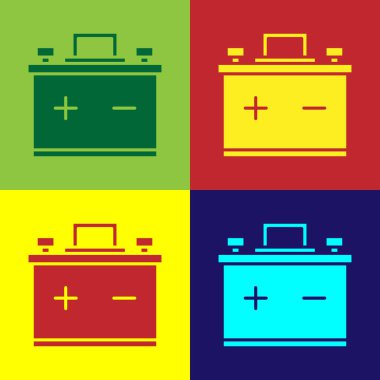 Renkli araba akü simgesi renk arkaplanında izole edildi. Akümülatör bataryası enerji ve elektrik akümülatörü bataryası. Vektör İllüstrasyonu