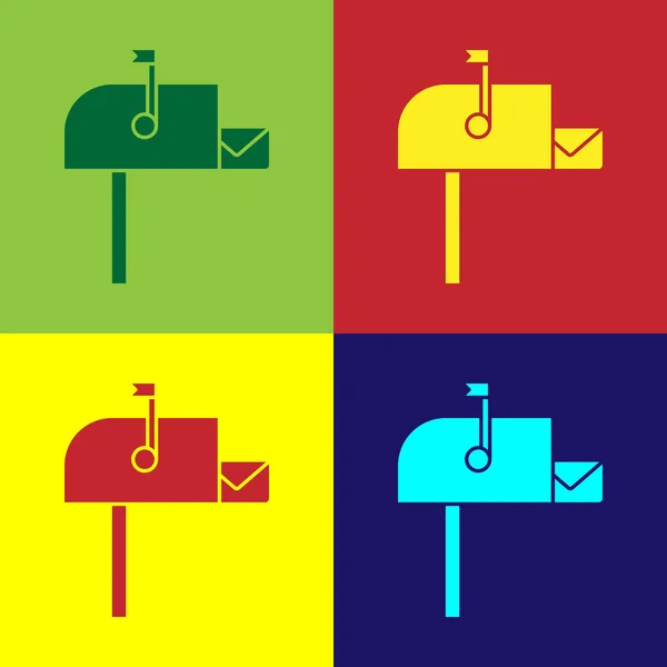 Χρώμα Άνοιγμα εικονιδίου πλαισίου αλληλογραφίας που απομονώνεται στο φόντο χρώματος. Εικονίδιο γραμματοκιβωτίου. Ταχυδρομική θυρίδα σε κοντάρι με σημαία. Εικονογράφηση διανύσματος — Διανυσματικό Αρχείο