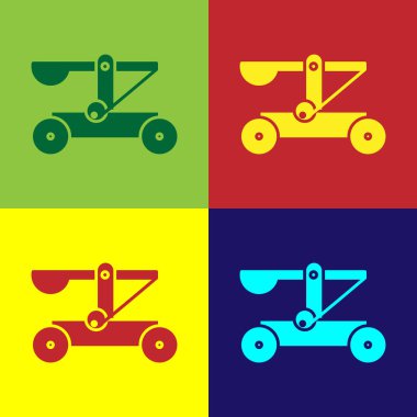 Renkli eski ortaçağ ahşap mancınık atış taşları ikonu renk arkaplanında izole edilmiş. Vektör İllüstrasyonu