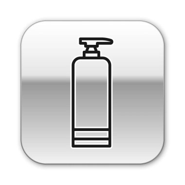 Beyaz arka planda siyah çizgi kremi ya da losyon kozmetik tüp ikonu izole edilmiş. Erkekler için vücut bakım ürünleri. Gümüş kare düğme. Vektör İllüstrasyonu