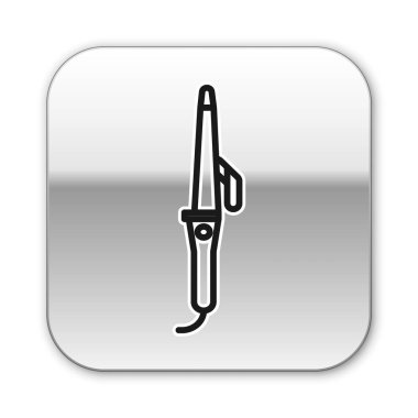 Saç ikonu için siyah çizgi saç maşası beyaz arkaplanda izole edilmiş. Saç düzleştirici ikonu. Gümüş kare düğme. Vektör İllüstrasyonu