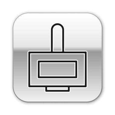 Beyaz arka planda siyah çizgi tırnak cilası ikonu var. Gümüş kare düğme. Vektör İllüstrasyonu