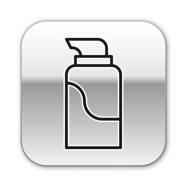 Beyaz arka planda siyah çizgi kremi ya da losyon kozmetik tüp ikonu izole edilmiş. Erkekler için vücut bakım ürünleri. Gümüş kare düğme. Vektör İllüstrasyonu