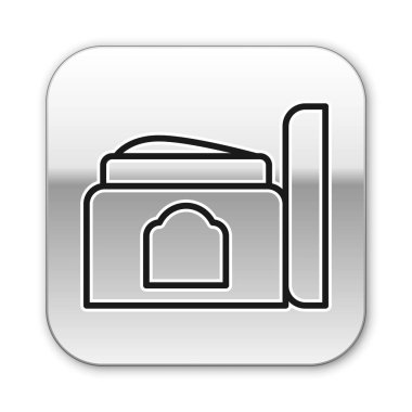 Beyaz arka planda siyah çizgi kremi ya da losyon kozmetik tüp ikonu izole edilmiş. Erkekler için vücut bakım ürünleri. Gümüş kare düğme. Vektör İllüstrasyonu