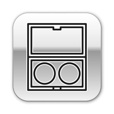 Siyah çizgi makyaj tozu ve beyaz arka planda izole edilmiş ayna simgesi. Gümüş kare düğme. Vektör İllüstrasyonu