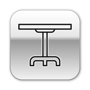 Siyah çizgi yuvarlak masa simgesi beyaz arkaplanda izole edildi. Gümüş kare düğme. Vektör İllüstrasyonu