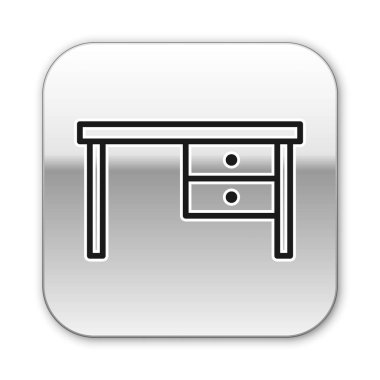 Siyah çizgi ofis masa simgesi beyaz arkaplanda izole edildi. Gümüş kare düğme. Vektör İllüstrasyonu