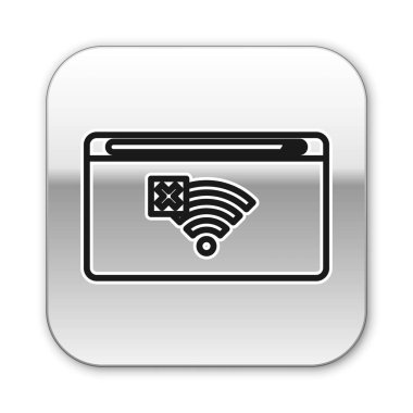 Siyah çizgi Beyaz arkaplanda internet bağlantısı simgesi yok. Kablosuz ağ ya da uzaktan internet erişimi için işaret yok. Gümüş kare düğme. Vektör İllüstrasyonu