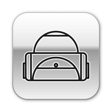 Siyah çizgi spor çantası simgesi beyaz arkaplanda izole edildi. Gümüş kare düğme. Vektör İllüstrasyonu