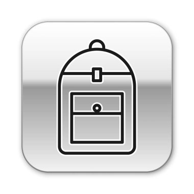 Beyaz arkaplanda siyah çizgi sırt çantası simgesi izole edildi. Gümüş kare düğme. Vektör İllüstrasyonu