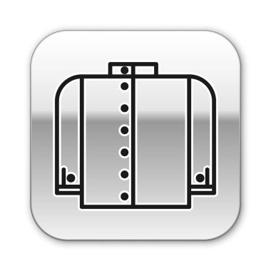 Beyaz arkaplanda siyah çizgi tişört simgesi izole edildi. Gümüş kare düğme. Vektör İllüstrasyonu