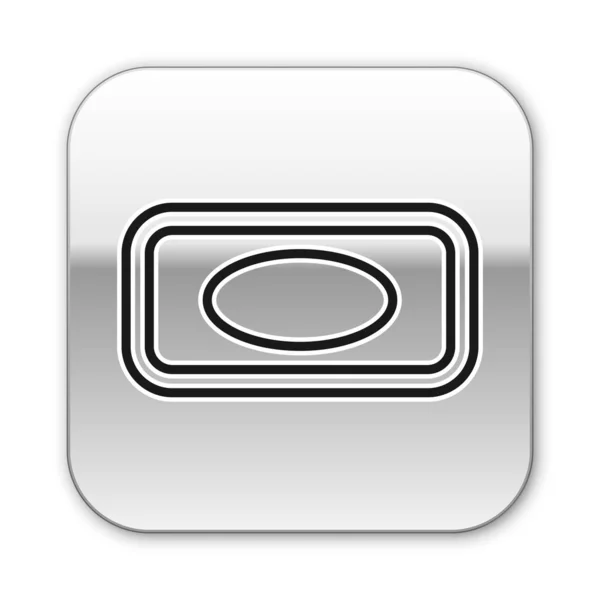 Ligne noire Barre de savon avec icône en mousse isolée sur fond blanc. Bar à savon avec bulles. Bouton carré argenté. Illustration vectorielle — Image vectorielle