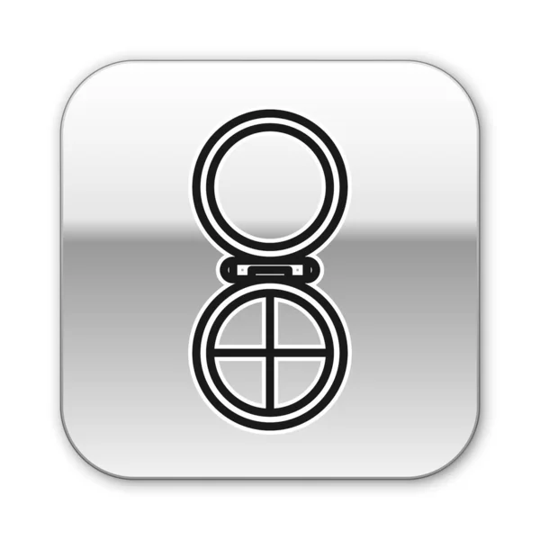 Linea nera Trucco in polvere con icona a specchio isolata su sfondo bianco. Pulsante quadrato argento. Illustrazione vettoriale — Vettoriale Stock