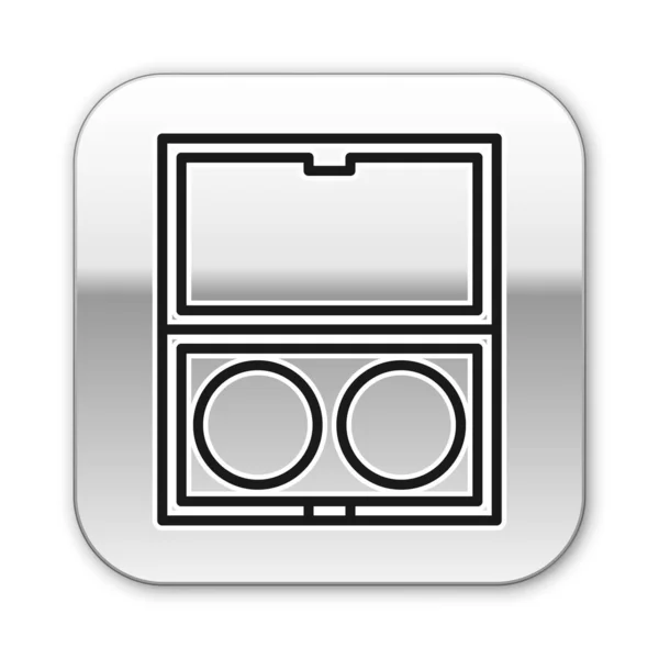 Zwarte lijn make-up poeder met spiegel pictogram geïsoleerd op witte achtergrond. Zilveren vierkante knop. Vector Illustratie — Stockvector