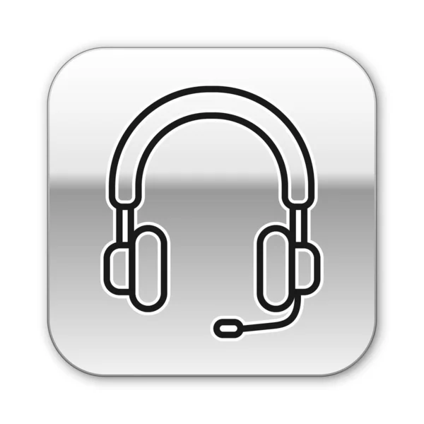 Icono de auriculares de línea negra aislado sobre fondo blanco. Auriculares. Concepto para escuchar música, servicio, comunicación y operador. Botón cuadrado plateado. Ilustración vectorial — Vector de stock