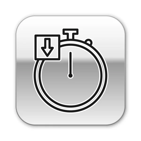 Fekete vonal Stopwatch ikon elszigetelt fehér háttérrel. Időzítő jel. Kronométer. Ezüst négyzet gomb. Vektorillusztráció — Stock Vector