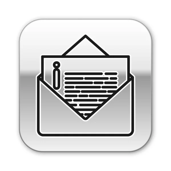Icono de sobre de línea negra aislado sobre fondo blanco. Mensaje de correo electrónico símbolo de letra. Botón cuadrado plateado. Ilustración vectorial — Archivo Imágenes Vectoriales