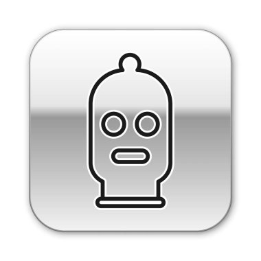 Beyaz arka planda siyah çizgi kar maskesi simgesi izole edildi. Kış sporları için bir parça kıyafet ya da bir suçlu ya da hırsız için bir maske. Gümüş kare düğme. Vektör İllüstrasyonu