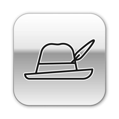 Siyah çizgi Oktoberfest şapka simgesi beyaz arkaplanda izole edildi. Tüylü avcı şapkası. Alman şapkası. Gümüş kare düğme. Vektör İllüstrasyonu