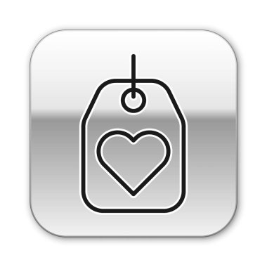 Siyah çizgi kalp etiketi simgesi beyaz arkaplanda izole edildi. Aşk sembolü. Sevgililer Günü sembolü. Gümüş kare düğme. Vektör İllüstrasyonu