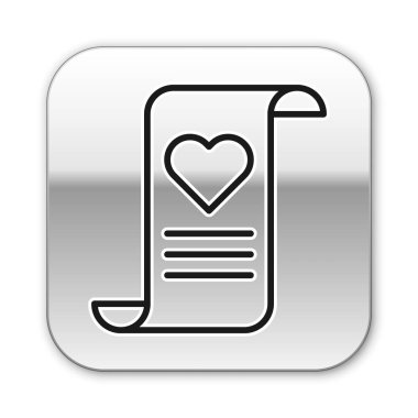 Beyaz arka planda Sevgililer Günü kalp ikonu olan siyah çizgi zarfı. Mesaj aşkım. Aşk ve romantizm mektubu. Gümüş kare düğme. Vektör İllüstrasyonu