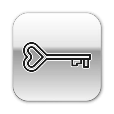 Siyah çizgi anahtarı beyaz arkaplanda izole edilmiş kalp şekli simgesi. Sevgililer Günü sembolü. Gümüş kare düğme. Vektör İllüstrasyonu