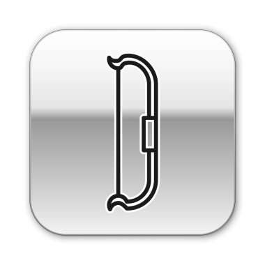 Siyah çizgi ortaçağ yay simgesi beyaz arkaplanda izole edildi. Ortaçağ silahı. Gümüş kare düğme. Vektör İllüstrasyonu