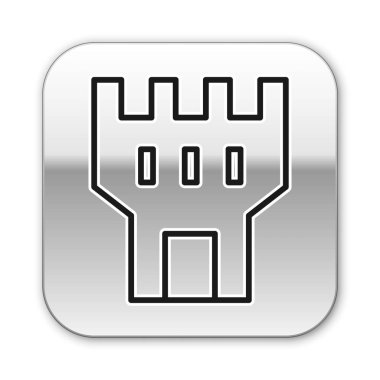 Beyaz arka planda siyah çizgi kale ikonu izole edildi. Kale işareti. Gümüş kare düğme. Vektör İllüstrasyonu