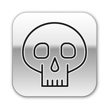 Siyah çizgi Kafatası simgesi beyaz arkaplanda izole edildi. Gümüş kare düğme. Vektör İllüstrasyonu