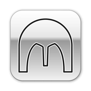 Beyaz arka planda izole edilmiş siyah çizgi Ortaçağ demir miğferi. Gümüş kare düğme. Vektör İllüstrasyonu