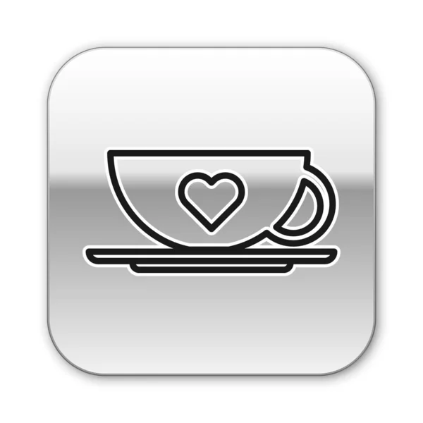 Ligne noire Tasse à café et icône de coeur isolé sur fond blanc. Couple café pour les amoureux le jour de la Saint-Valentin. Bouton carré argenté. Illustration vectorielle — Image vectorielle
