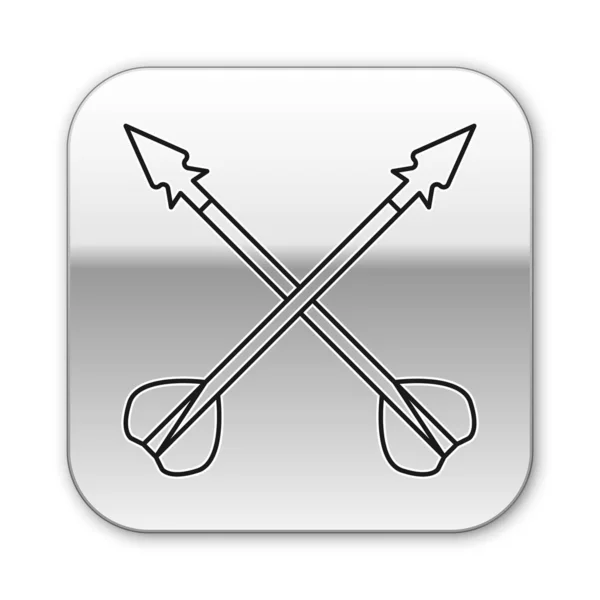 Linea nera Icona delle frecce incrociate medievali isolata su sfondo bianco. Arma medievale. Pulsante quadrato argento. Illustrazione vettoriale — Vettoriale Stock