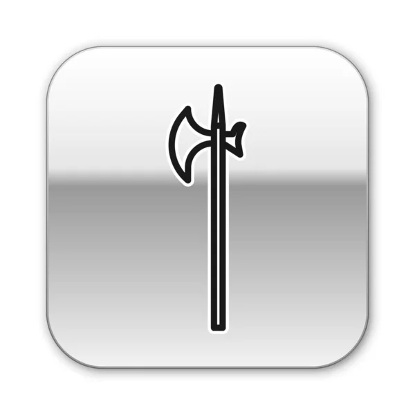 Black line Medieval halberd icon isolated on white background. Medieval weapon. Silver square button. Vector Illustration — 스톡 벡터