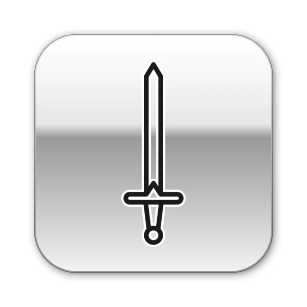 Schwarze Linie mittelalterliches Schwert Symbol isoliert auf weißem Hintergrund. Mittelalterliche Waffe. Silberner quadratischer Knopf. Vektorillustration — Stockvektor