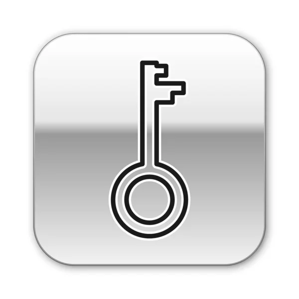 Línea negra Icono de llave antigua aislado sobre fondo blanco. Botón cuadrado plateado. Ilustración vectorial — Vector de stock