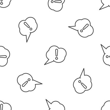 Gri çizgi konuşma balonu ve ünlem simgesi beyaz arka planda kusursuz desen izole etti. Faq işareti. Dosyaları kopyala, konuşma balonu ve grafiğini çıkar. Vektör İllüstrasyonu