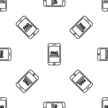 Üzerinde Faq bilgisi simgesi olan gri hat cep telefonu beyaz arkaplanda izole edilmiş kusursuz desen. Sık sık sorulan sorular. Vektör İllüstrasyonu