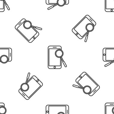 Gri çizgi mobil telefon tanılama simgesi beyaz arka planda izole edilmiş kusursuz desen. Uygulama, servis, ayar seçenekleri, bakım, onarım, onarım. Vektör İllüstrasyonu