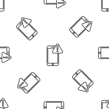 Gri çizgi cep telefonu, ünlem işareti simgesi beyaz arka planda izole edilmiş. Uyarı mesajı akıllı telefon uyarısı. Vektör İllüstrasyonu