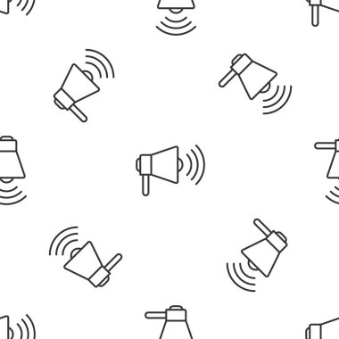 Gri çizgi megafon ikonu beyaz arka planda kusursuz desen izole etti. Yüksek sesle konuşma uyarısı. Ağızlık için megafon, terfi diye bağırıyor. Vektör İllüstrasyonu