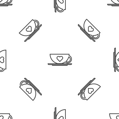 Gri çizgi kahve fincanı ve kalp ikonu beyaz arka planda izole edilmiş kusursuz desen. Sevgililer Günü 'nde sevgililer için birkaç kahve. Vektör İllüstrasyonu