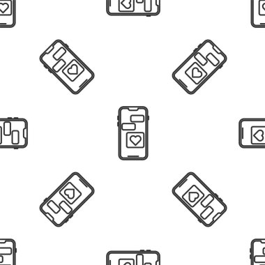 Gri çizgi cep telefonu, kalp ikonu, beyaz arka planda izole edilmiş, pürüzsüz bir desen. Sevgililer Günü. Vektör İllüstrasyonu