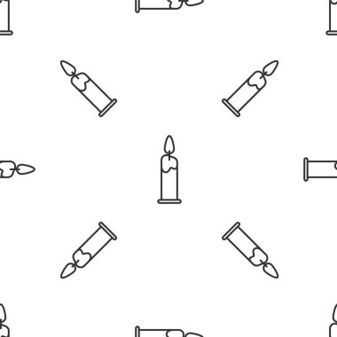 Mum ikonunda yanan gri çizgi beyaz arka planda izole edilmiş pürüzsüz desen. Silindirik mum çubuğu ve yanan ateş. Vektör İllüstrasyonu