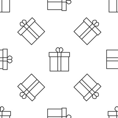 Gri çizgi hediye kutusu ve kalp ikonu beyaz arka planda izole edilmiş kusursuz desen. Sevgililer Günü. Vektör İllüstrasyonu