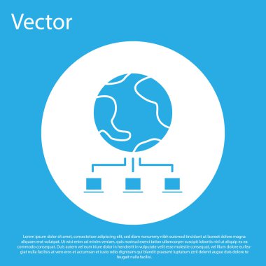 Mavi Bilgisayar Ağı simgesi mavi arkaplanda izole edildi. Çevrimiçi oyun. Laptop ağı. İnternet bağlantısı. Beyaz daire düğmesi. Vektör İllüstrasyonu