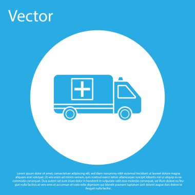 Mavi ambulans ve acil durum arabası ikonu mavi arka planda izole edildi. Ambulans aracı tıbbi tahliye. Beyaz daire düğmesi. Vektör İllüstrasyonu